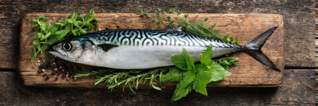 Mackerel fish lies on a wooden board surrounded by various fresh herbs, ready for cooking or presentation in a culinary context.の素材