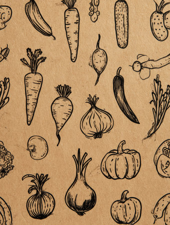 A collection of hand-drawn vegetables is illustrated on a kraft paper background, featuring carrots, onions, chili peppers, and more with a natural aesthetic.の素材