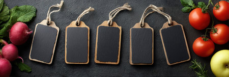 Fresh produce tags sit on a chalkboard alongside vibrant tomatoes, radishes, and mint, ideal for labeling and organizing market stalls or kitchens.の素材