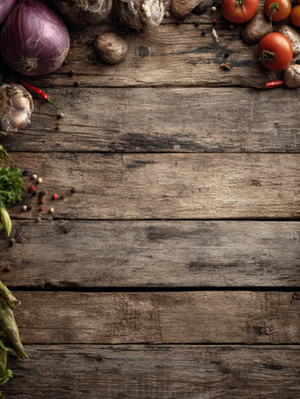 Fresh, colorful produce including onions, garlic, tomatoes, and herbs is artfully scattered across a rustic wooden surface, evoking a warm kitchen atmosphere.の素材