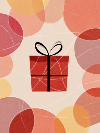 A striking minimalist icon of a gift box is surrounded by an array of vibrant circular shapes, creating a visually appealing abstract background.の素材