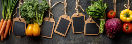 Colorful vegetables including carrots, bell pepper, and leafy greens are showcased alongside empty produce tags against a textured chalkboard backdrop.の素材