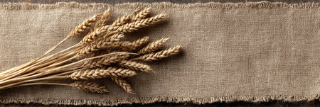 Bundle of Wheat Stalks Arranged on Linen Fabric Showcasing Natural Textures and Earthy Tones for Rustic DÃ©cor or Culinary Themesの素材