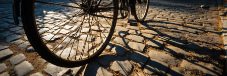 A vintage bicycle rests on cobblestones while its wheel casts an intricate shadow as the sun sets, illuminating the charming street atmosphere.の素材