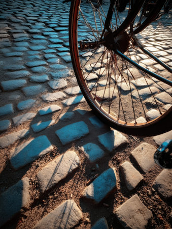 A vintage bicycle rests on a cobblestone street, its wheel casting an intriguing shadow against the textured ground in the warm afternoon light.の素材