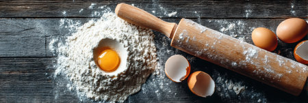 A wooden countertop holds flour arranged in a mound with a well, alongside cracked eggs and a rolling pin, perfect for baking delicious treats.の素材