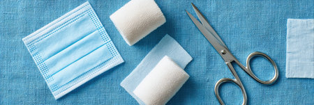 Bandages, scissors, and a face mask are neatly placed on a blue medical cloth, prepared for a healthcare procedure in a clinical environment.の素材