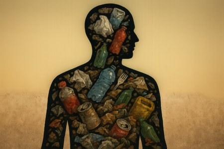 An artwork shows a silhouette filled with trash, highlighting the overwhelming presence of waste in human life against a gradient backdrop.の素材