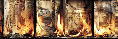 Close-up view of burning banknotes reveals intricate details of economic decay, showing the impact of financial turmoil and loss on society.の素材