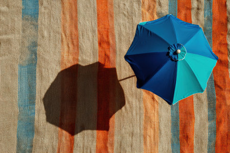 Bright beach atmosphere with colorful striped towel underneath a beach umbrella creating a striking shadow. Perfect for relaxation on a sunny day.の素材