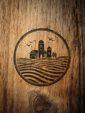 Rustic wooden surface features a farm logo sketch showcasing rolling fields, barns, and a farmhouse under a serene sky with birds flying.の素材