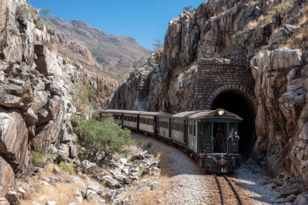 A vintage train exits a rocky tunnel surrounded by steep mountains and arid terrain, showcasing a blend of nature and heritage transportation.の素材