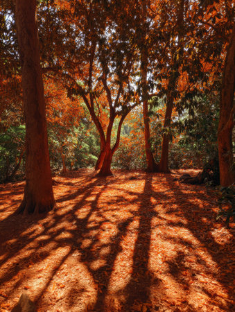 Golden sunlight streams through an orange canopy, creating dappled shadows on the forest floor, enhancing the tranquil atmosphere of this autumn scene.の素材