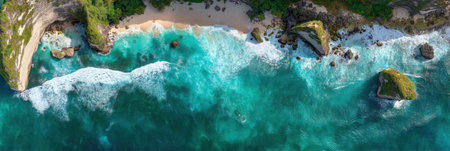 Experience the stunning coastline of Nusa Penida with crystal-clear turquoise waters and scenic beaches, showing the beauty of Indonesia in summer.の素材