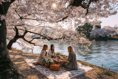 Friends gather for a hanami picnic, enjoying food and drinks beneath blooming cherry blossoms by the river during a serene sunset.の素材