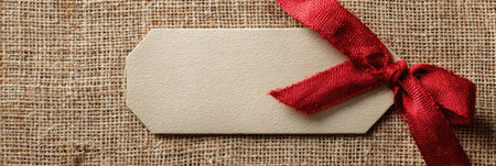 A gift tag adorned with a red ribbon is placed on cozy beige fabric, creating a warm and inviting setting ideal for celebrations and special moments.の素材