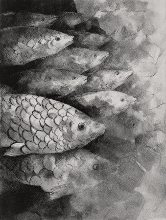 Monochrome artwork displays intricate fish scales in the upper left, featuring various shades and textures, creating an elegant representation of aquatic life.の素材