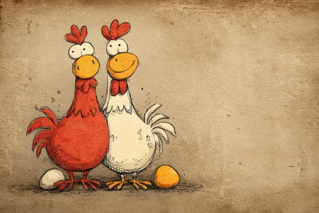 Two cartoon hens smile beside their colorful eggs in a warm, rustic background, evoking a playful farm atmosphere filled with charm.の素材