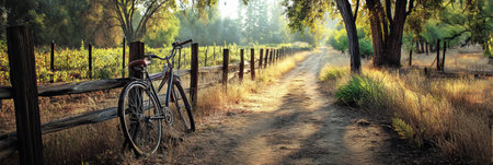 A bicycle rests by a vineyard trail, basking in the warm afternoon light, surrounded by lush greenery and earthy paths, inviting exploration.の素材