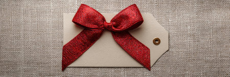 A gift tag on textured beige fabric features a vibrant red ribbon bow, adding a special touch to celebration presents.の素材