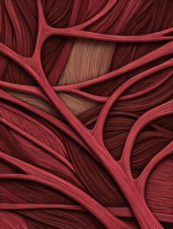 Colorful depiction showcases a complex arrangement of muscle fiber patterns in various red hues, emphasizing the detailed structures and texturesの素材