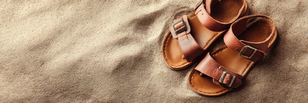 Brown leather sandals are placed on soft sandy ground, basking in warm sunlight during a summer day at a beach or coastal area.の素材