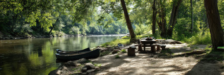 A relaxing picnic takes place by a tranquil riverbank surrounded by lush greenery, with canoes waiting nearby under the warm sunlight.の素材