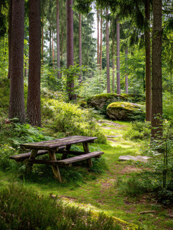 In a tranquil forest glade, a rustic wooden bench invites visitors to enjoy a picnic amidst the tall trees and soft greenery, creating a peaceful retreat.の素材