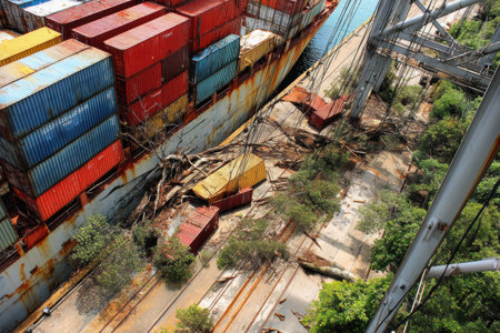A bustling port showcases thriving trade with stacked containers, while adjacent cargo lies in disarray, illustrating the chaos of mismanagement and nature.の素材