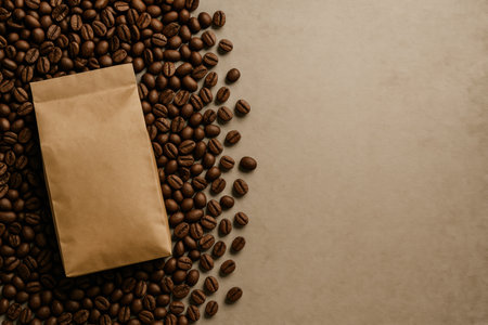 A brown paper bag filled with freshly roasted coffee beans is placed on a textured surface, creating a warm and inviting coffee environment.の素材