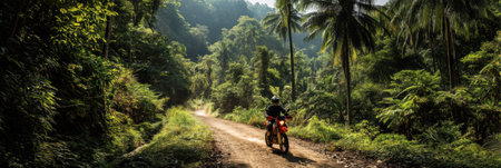 A motorcyclist explores a winding dirt road through a tropical jungle, surrounded by dense foliage and swaying palm trees on a sunny day.の素材