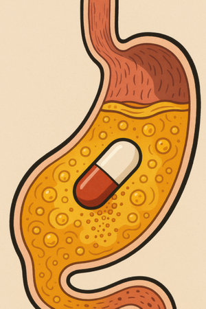Visual representation of a pill dissolving in gastric fluid within the stomach, illustrating the digestion and absorption process in the human body.の素材