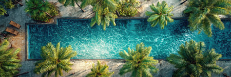 Enjoy a breathtaking top-down view of a serene resort pool surrounded by lush palm trees, offering proximity to the sparkling ocean waters.の素材