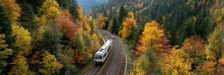 A train winds around a curved track, surrounded by a beautiful autumn forest displaying brilliant colors of orange, yellow, and red in the trees.の素材