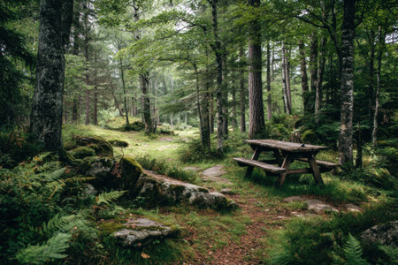 A serene forest glade has a rustic picnic bench surrounded by tall trees and lush greenery, perfect for relaxation.の素材
