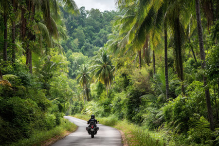 A rider navigates a winding road through a vibrant tropical jungle, surrounded by towering palm trees and rich green foliage under bright afternoon skies.の素材