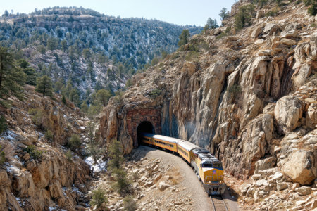 A train is exiting a tunnel in a rocky region, surrounded by mountains and greenery, showing natures beauty in bright sunlight.の素材