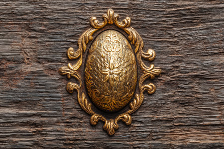 A striking golden egg embossed with ornate patterns sits prominently on a richly textured wooden background, showcasing craftsmanship and elegance in design.の素材