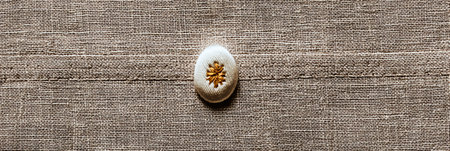 Displaying a soft raw linen texture, this fabric showcases intricate stitched egg icon embroidery that adds a unique touch to the material.の素材