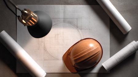 Blueprint rolls and a construction helmet are neatly placed on a flat surface, illuminated by a warm light source, creating a focused work environment.の素材