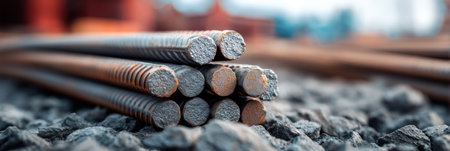 Steel rebar bundle lies on gravel ground in a construction area with a blurred background, indicating ongoing work and material preparation.の素材