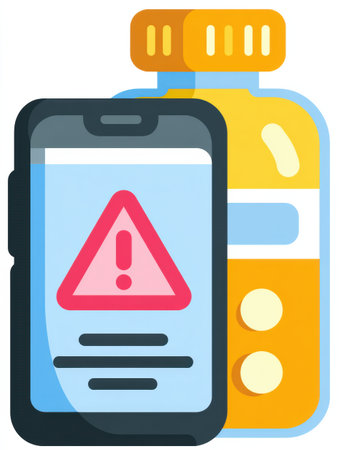 A phone screen shows a warning alert next to a bottle, emphasizing the importance of contacting a poison helpline for emergencies.の素材