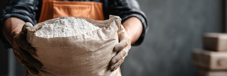 A construction worker grips a bag of dry cement mix while wearing gloves, showcasing dedication to building and material preparation at a work site.の素材