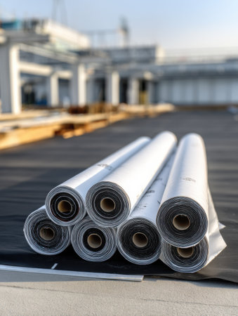 Waterproofing membrane sheets are rolled up at a construction site, ready for installation on the roof under bright weather conditions.の素材
