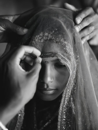 A woman with soft features is having her veil adjusted while preparing for a traditional ceremony, highlighting the rich cultural practices of celebration.の素材