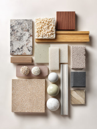 Multiple building materials are neatly arranged on a clean surface, showingcasing textures and colors in a well-organized display with space for more.の素材