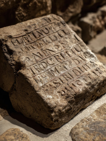 Close-up view of a carved inscription found in the Vatican, highlighting historic lettering and craftsmanship on a weathered stone fragment.の素材