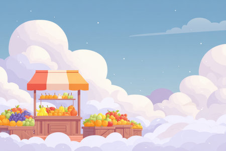 A vibrant fruit stand brimming with fresh produce sits above fluffy white clouds in a picturesque sky, creating a whimsical, dreamlike vibe.の素材