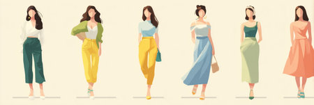 Stylish outfit designs showcase diverse womens fashion, colors, and accessories in a flat drawing style, highlighting modern trends.の素材