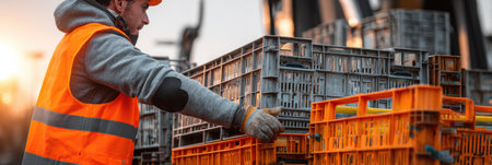 A dedicated worker in a safety vest carefully arranges colorful construction crates at a busy site, illuminated by the warm light of sunset.の素材